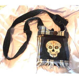 Handmade Denim Crossbody Bag With Sugar Skull Patch & Fringed Bottom